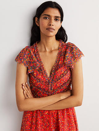 Boden Floral Print V-Neck Tulle Maxi Dress, Rocket Red