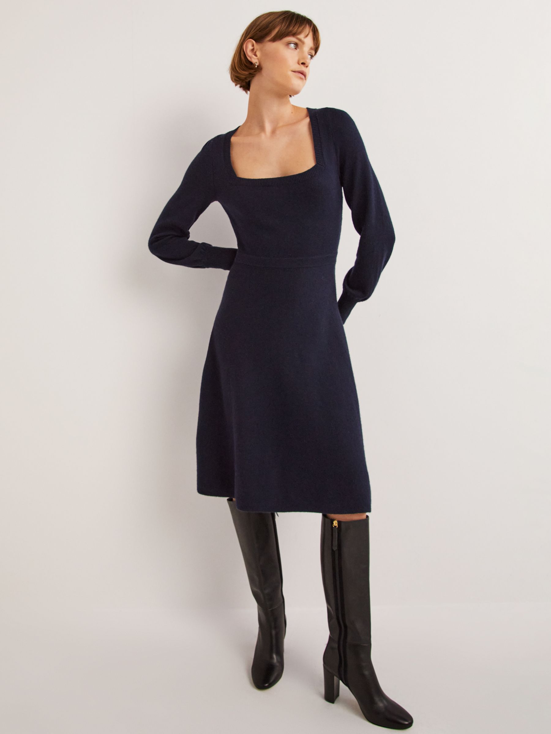 Boden Square Neck Knitted Midi Dress, Navy at John Lewis & Partners