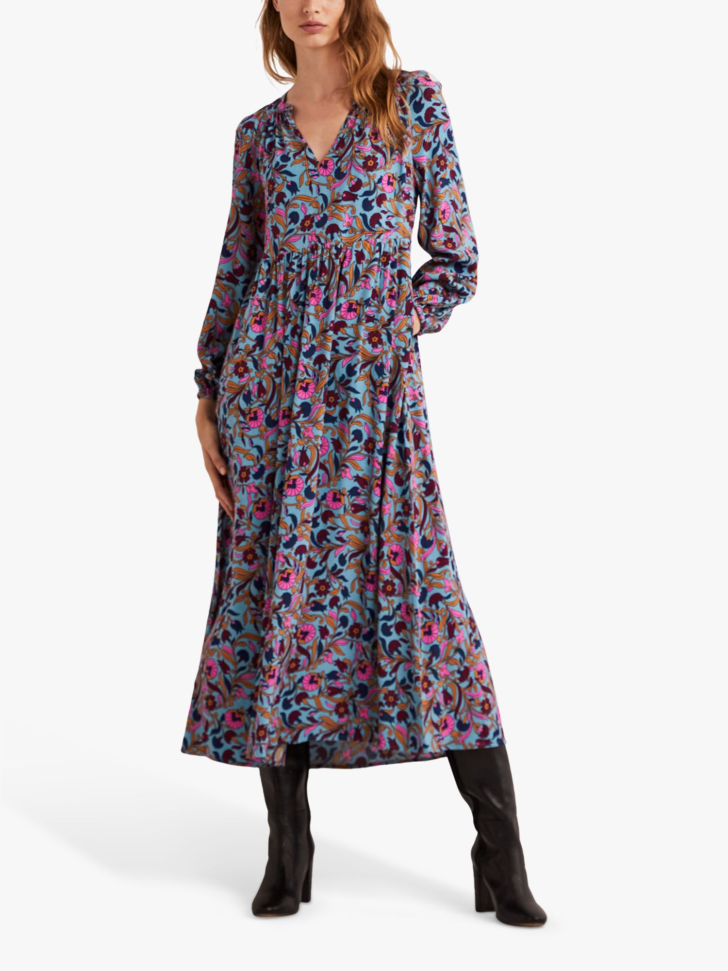 Boden Notch Neck Floral Midi Dress, Mid Blue/Vine at John Lewis & Partners