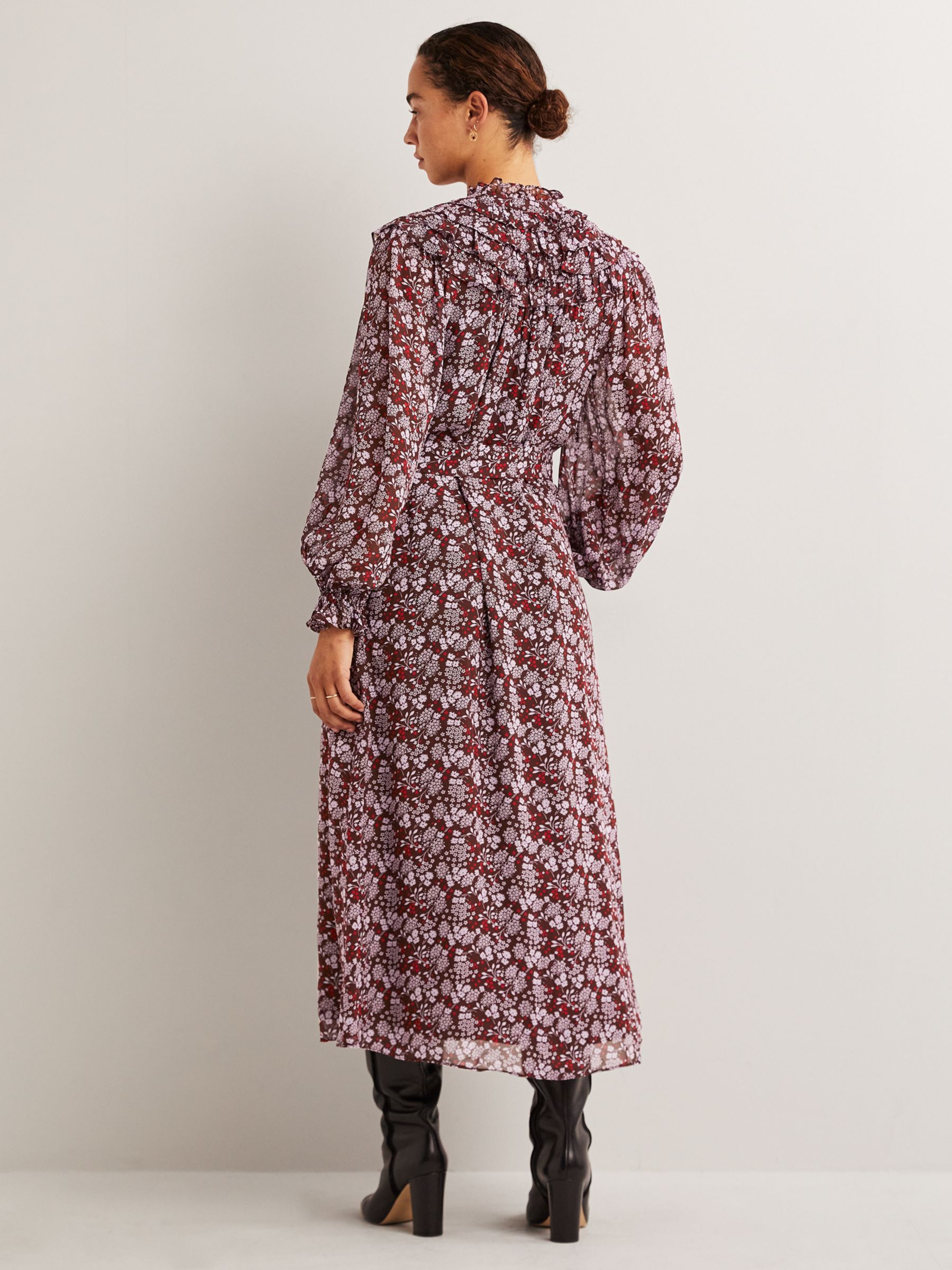 Boden Ruffle Yoke Floral Midi Dress, Deep Mahogany/Garden