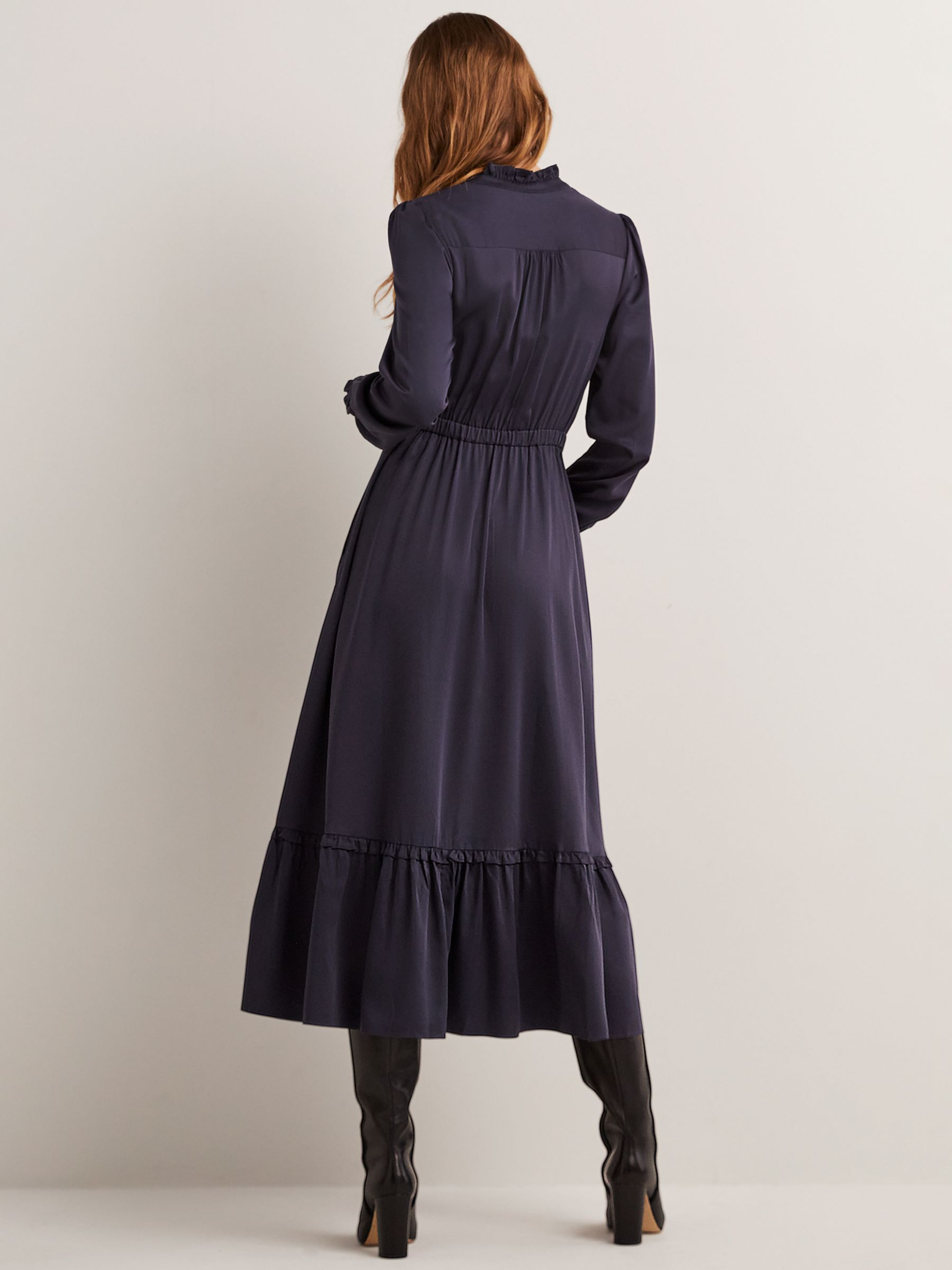 Boden Pleat Detail Satin Midi Dress, Navy at John Lewis & Partners