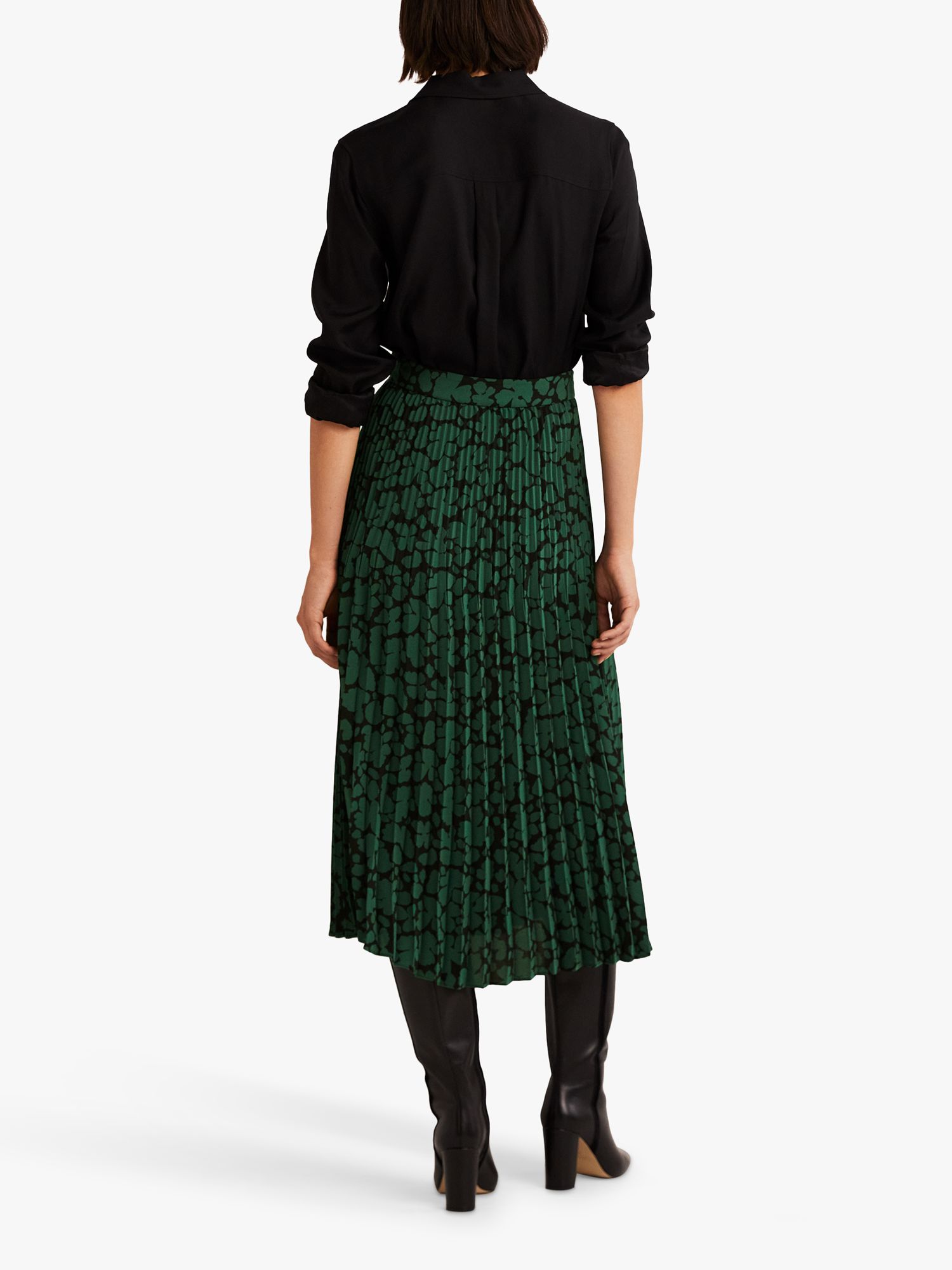 Boden Abstract Bud Pleated Crepe Midi Skirt, Green at John Lewis & Partners