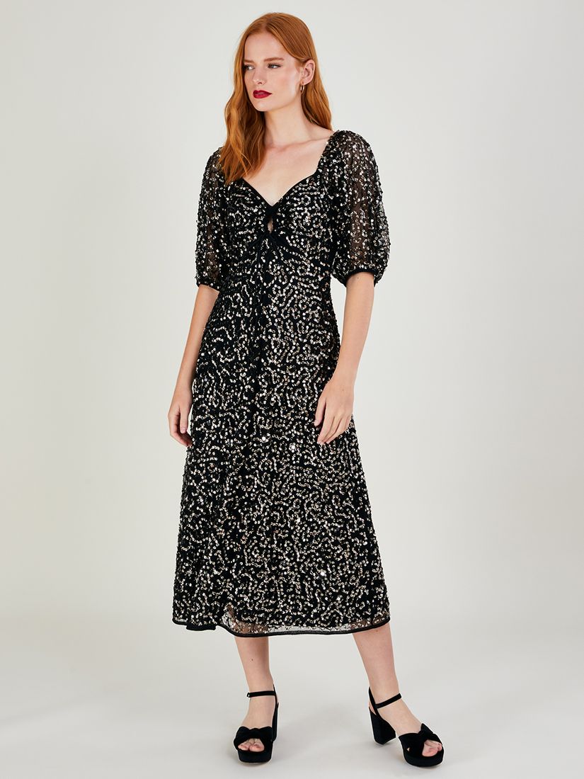 Monsoon Keely Sequin Embellished Midi Dress, Black at John Lewis & Partners
