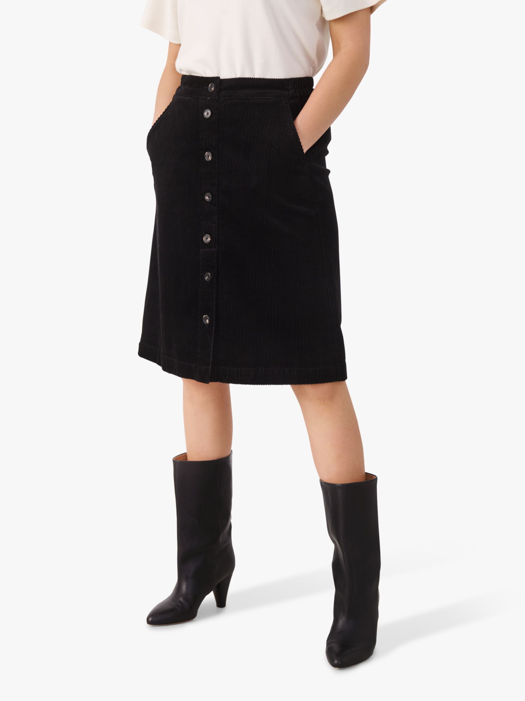 Part Two Palina Cord Knee Length Skirt, Black at John Lewis & Partners