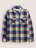 Mini Boden Kids' Check Sherpa Long Sleeve Shirt, Blue/Multi