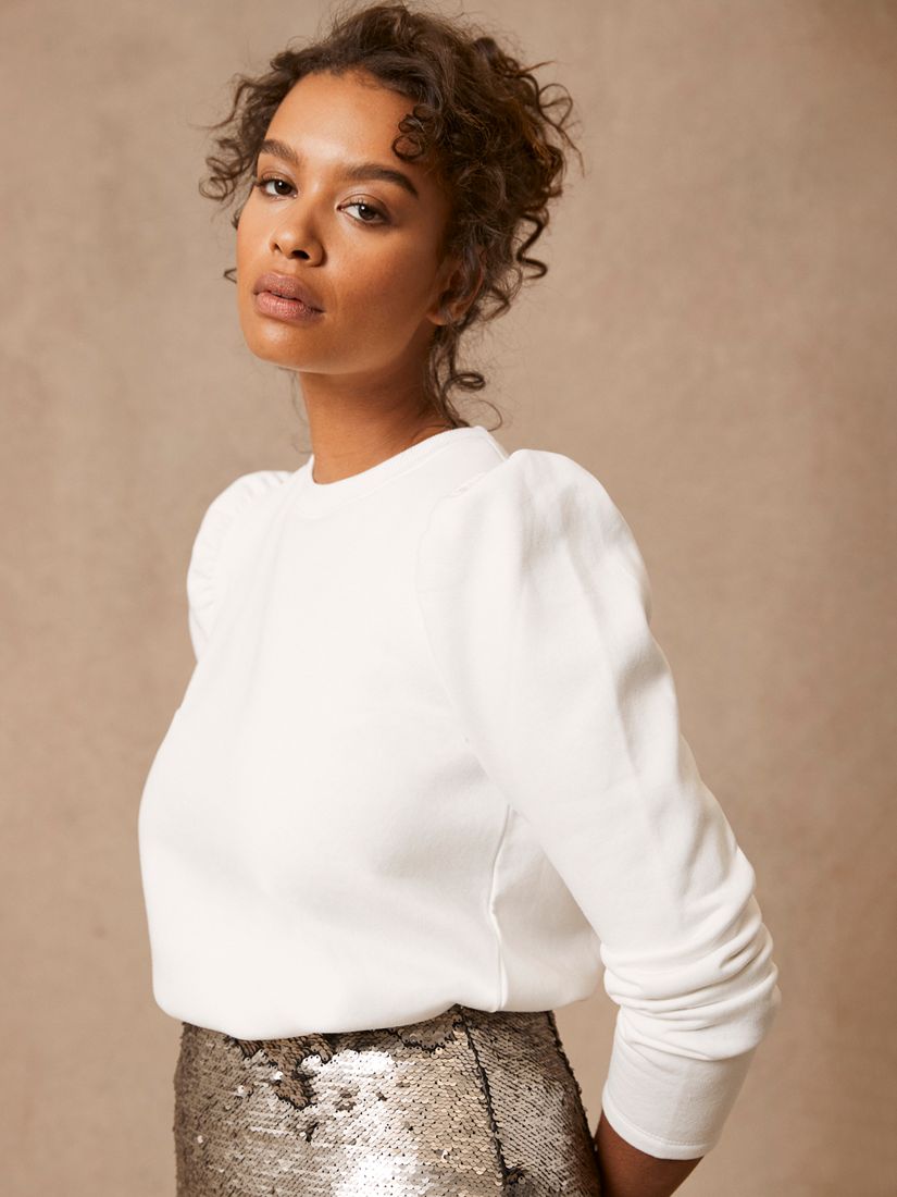 Mint Velvet Puff Sleeve Sweatshirt, Ivory at John Lewis & Partners