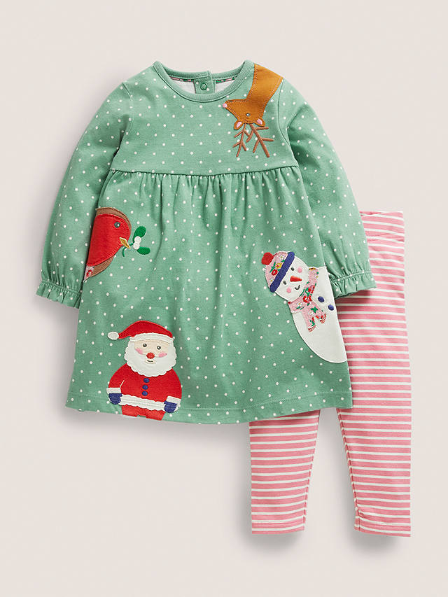 Mini Boden Baby Festive Friend Appliqué Dress & Leggings Set, Green