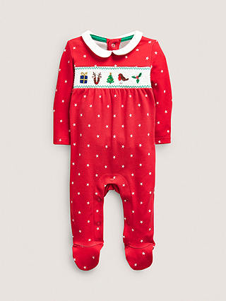 Mini Boden Baby Christmas Stars Sleepsuit, Rockabilly Red