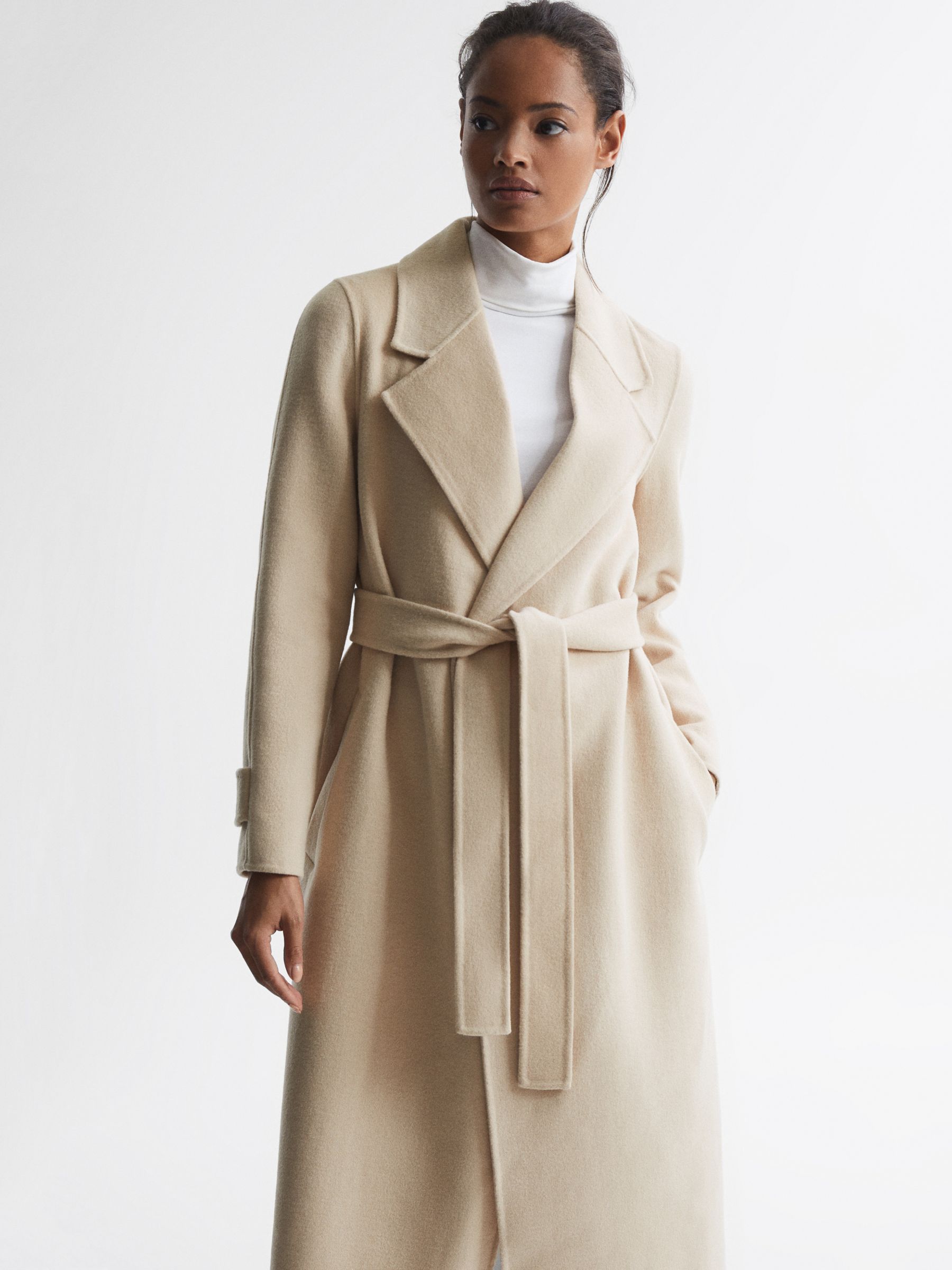 Reiss Agnes Wool Blend Belted Longline Coat, Pink at John Lewis & Partners