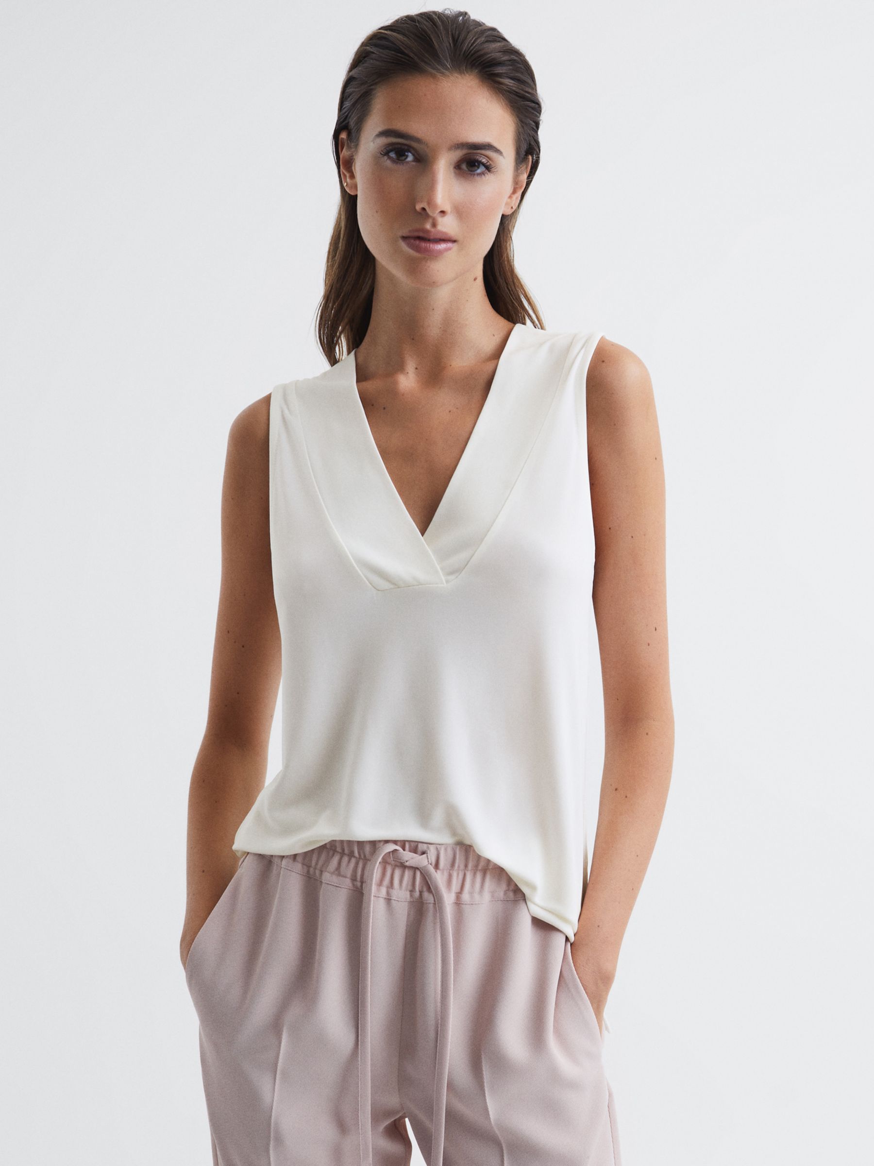 Reiss Taylor V-Neck Top, Cream at John Lewis & Partners