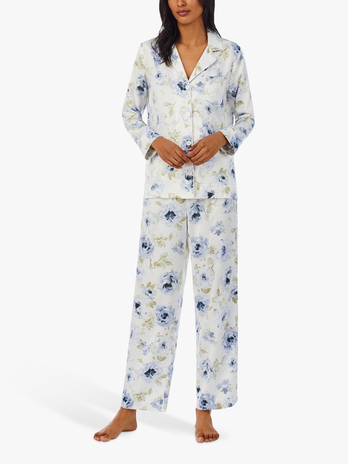Lauren Ralph Lauren Notch Collar Floral Satin Pyjamas, Blue/Multi