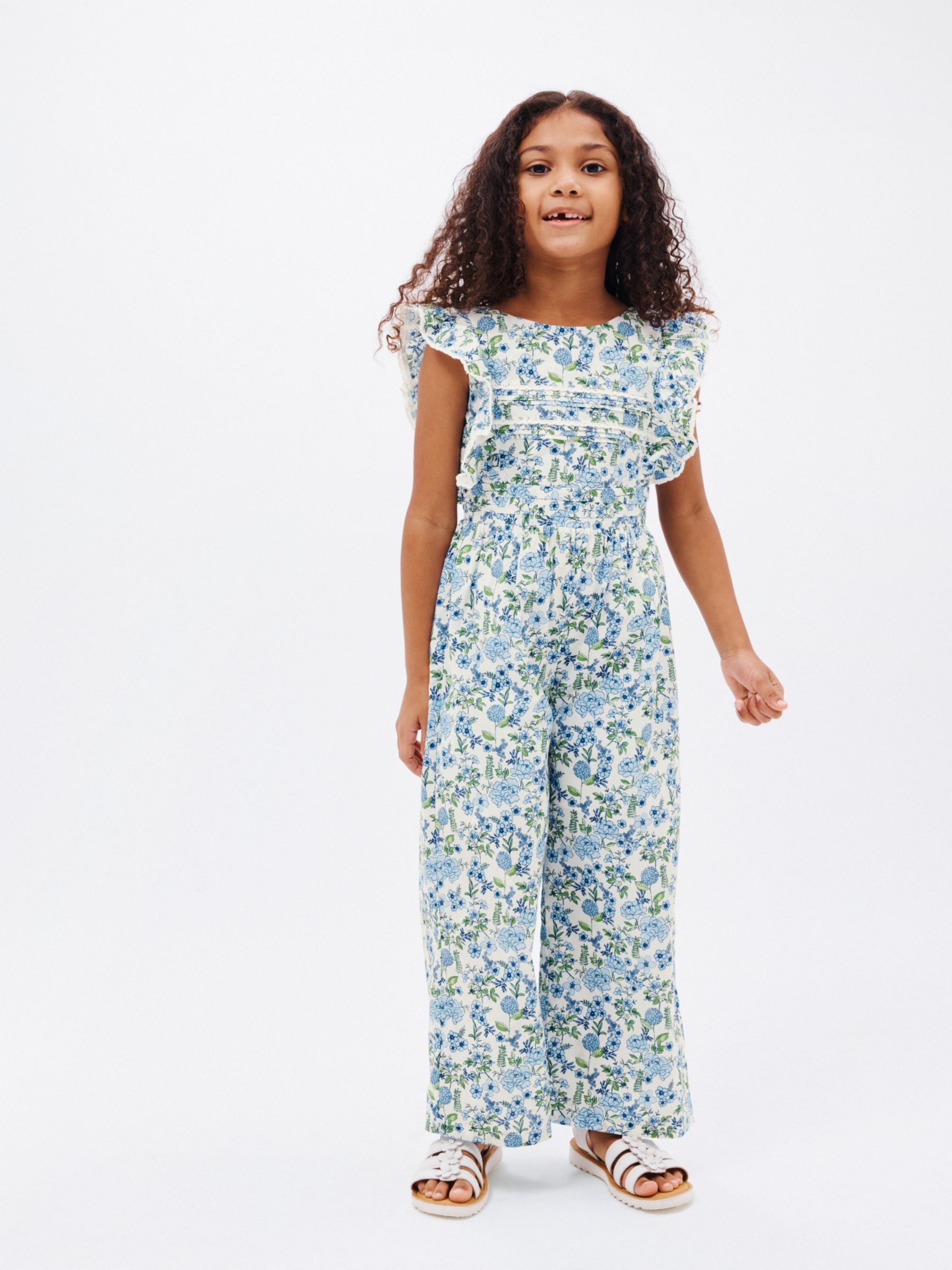 John Lewis Heirloom Collection Kids' Floral Frill Jumpsuit, Blue, 3 years