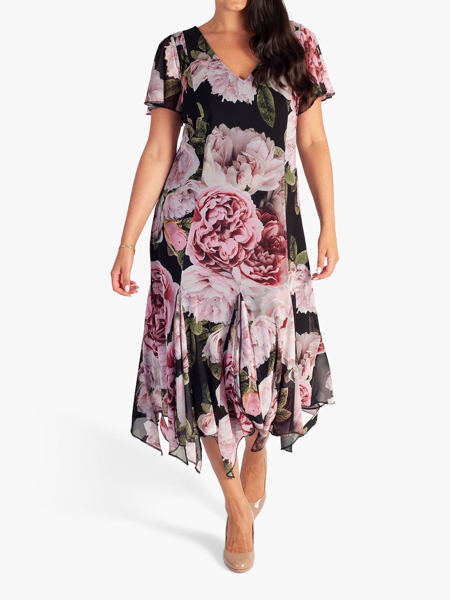 Chesca Curve Autumn Rose Print Dress, Black/Pink