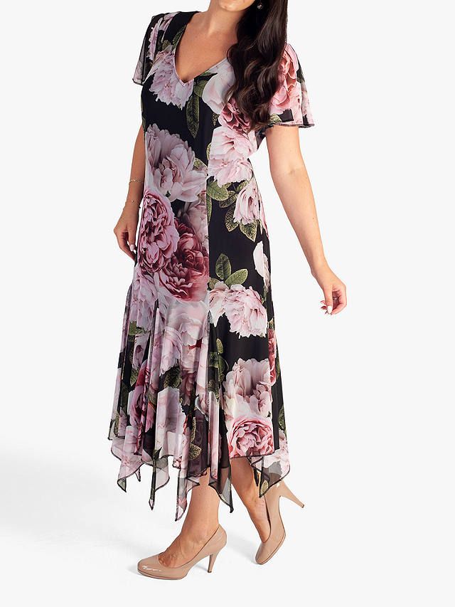 chesca Curve Autumn Rose Print Dress, Black/Pink