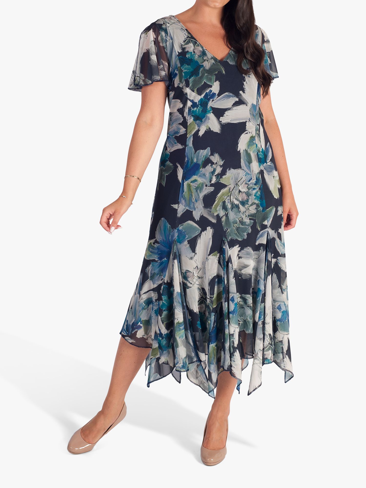 chesca Paris Mesh Midi Floral Dress, Navy/Multi