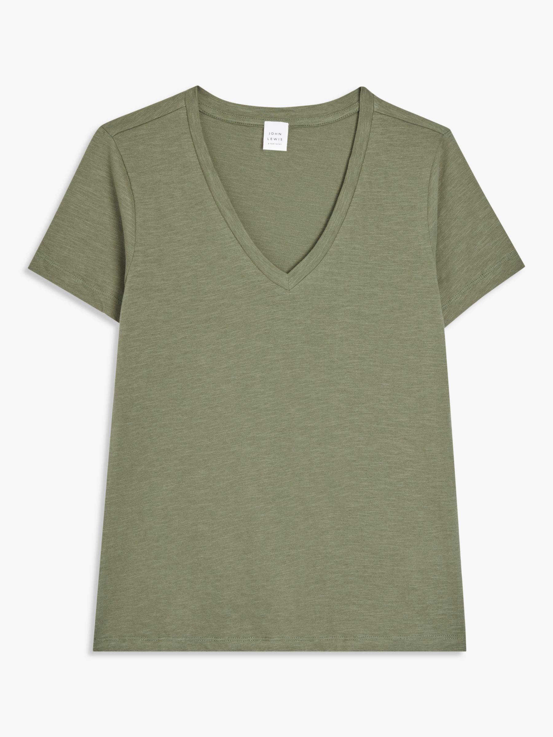 John Lewis V-Neck Cotton Slub T-Shirt, Khaki/White