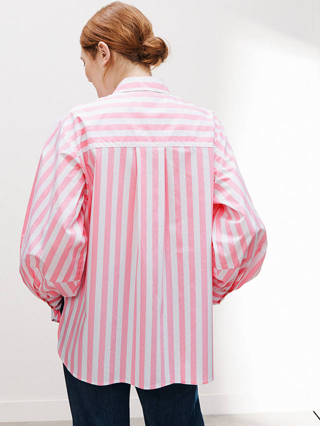 Kin Stripe Curved Hem Long Sleeve Shirt, Sea Pink
