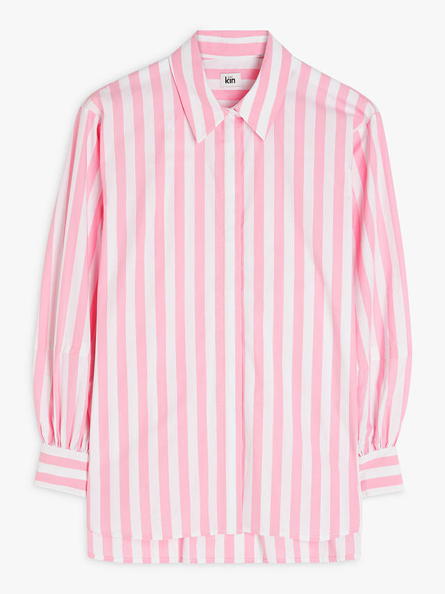 Kin Stripe Curved Hem Long Sleeve Shirt, Sea Pink