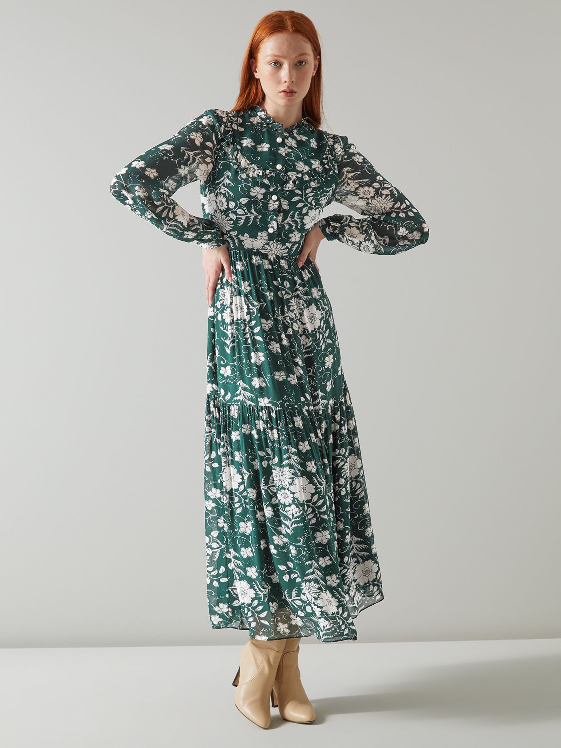 L.K.Bennett Patti Floral Print Maxi Dress, Dark Green/Multi at John ...
