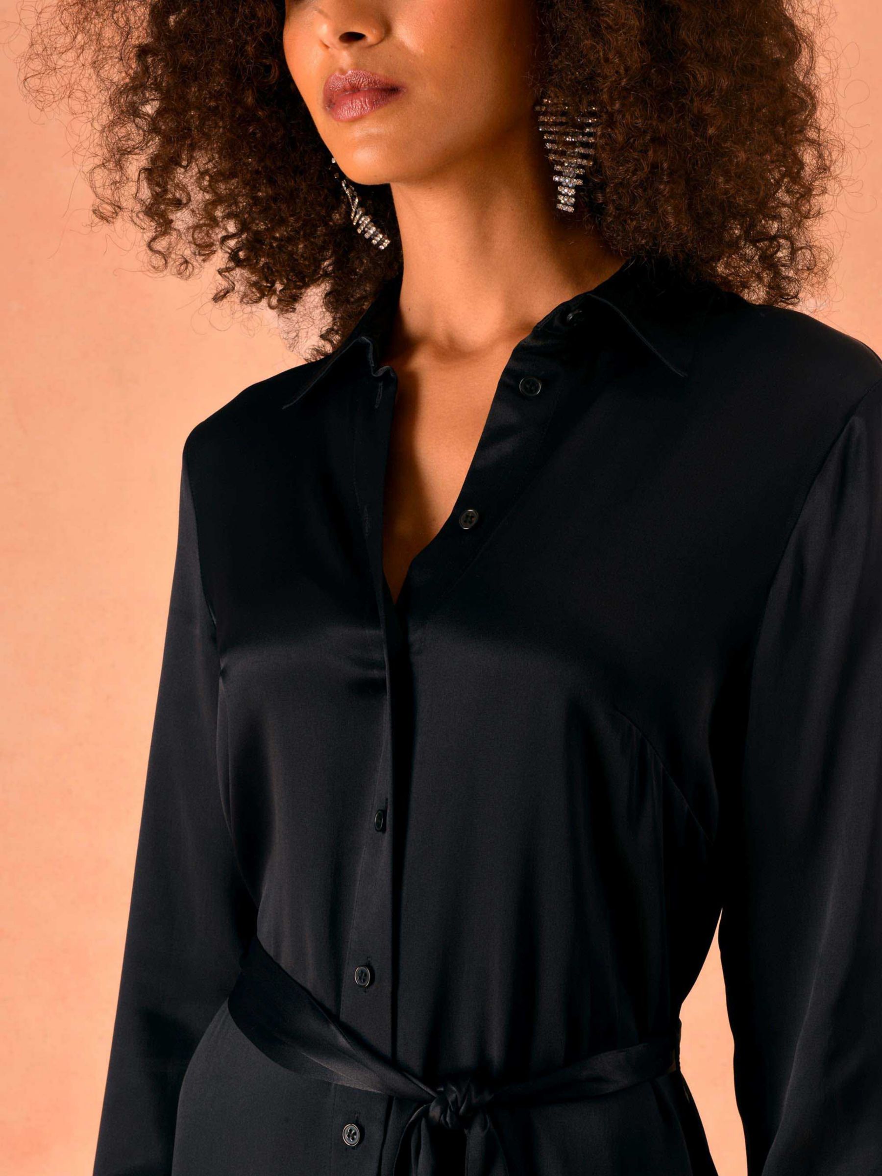 Ro&Zo Black Satin Midi Shirt Dress, Black at John Lewis & Partners