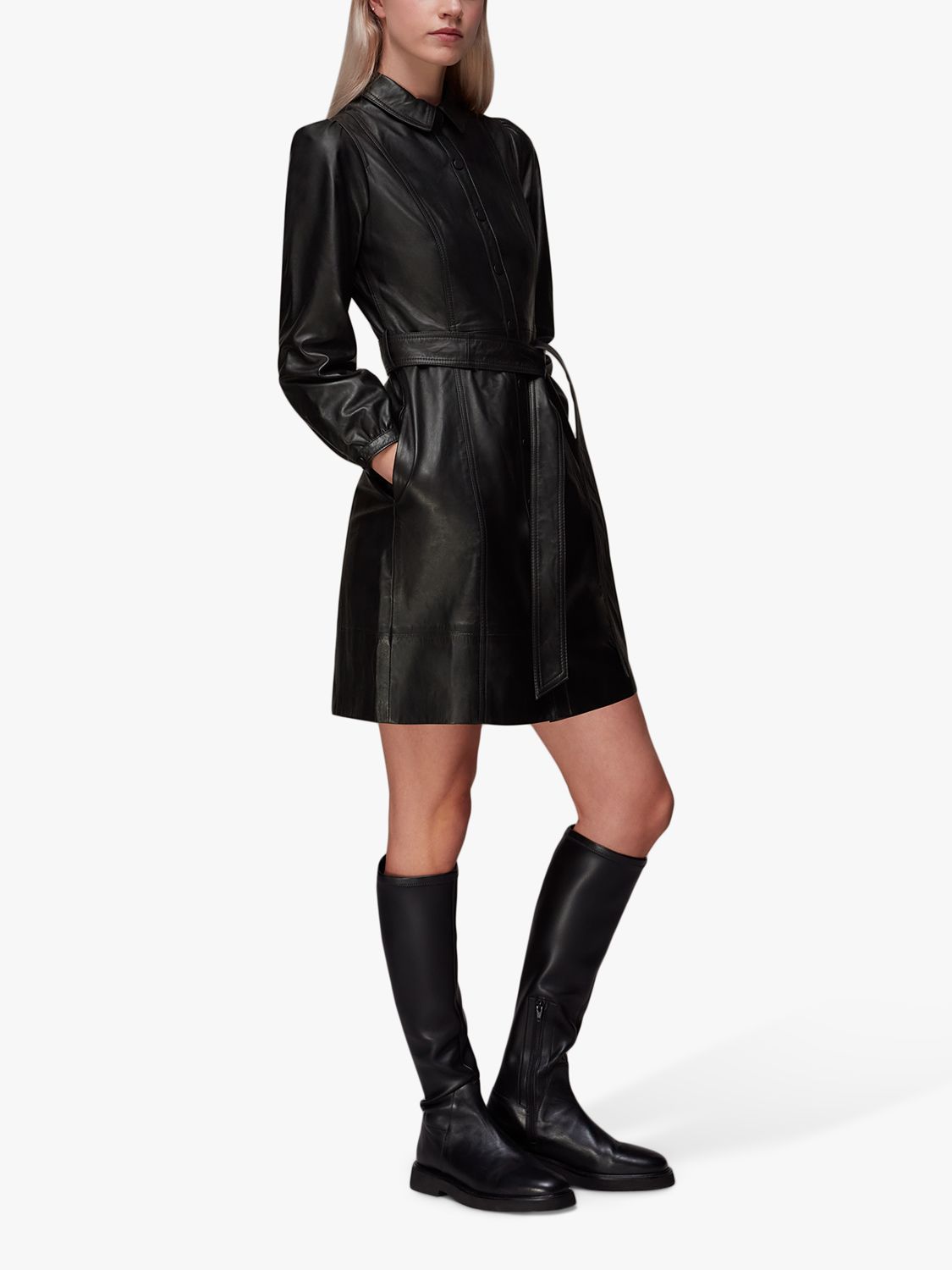 Whistles Phoebe Leather Shirt Mini Dress, Black at John Lewis & Partners