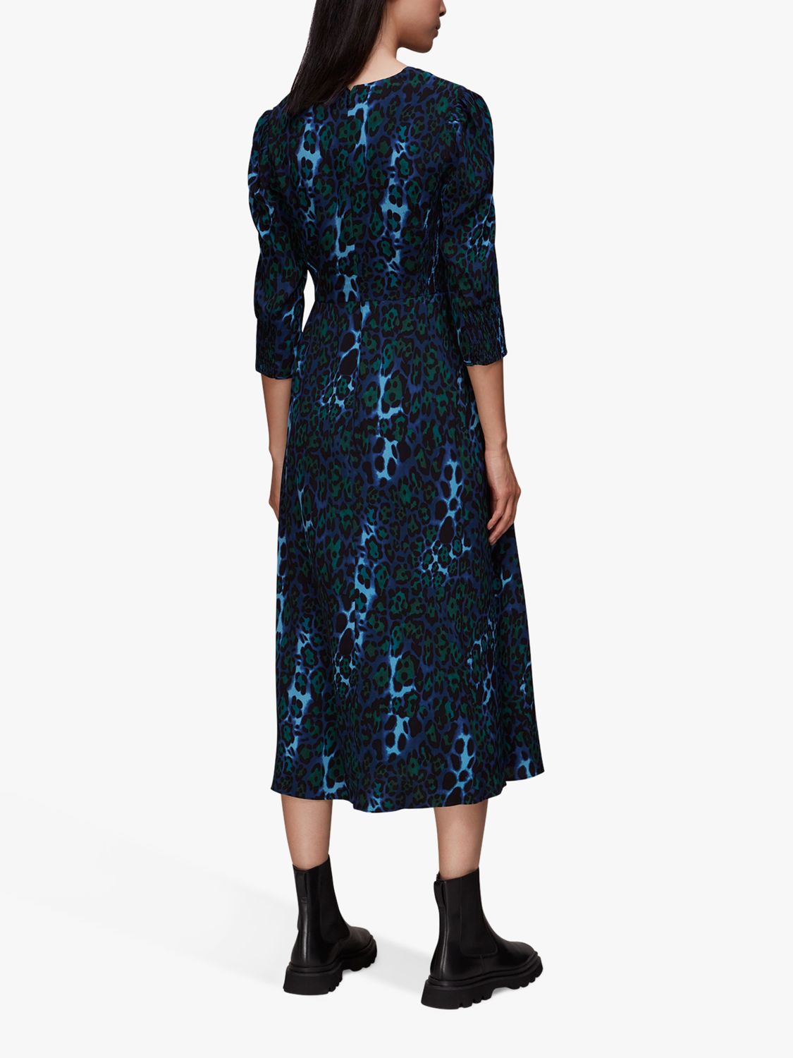 Whistles Night Cat Leopard Print Midi Dress, Blue/Multi at John Lewis & Partners