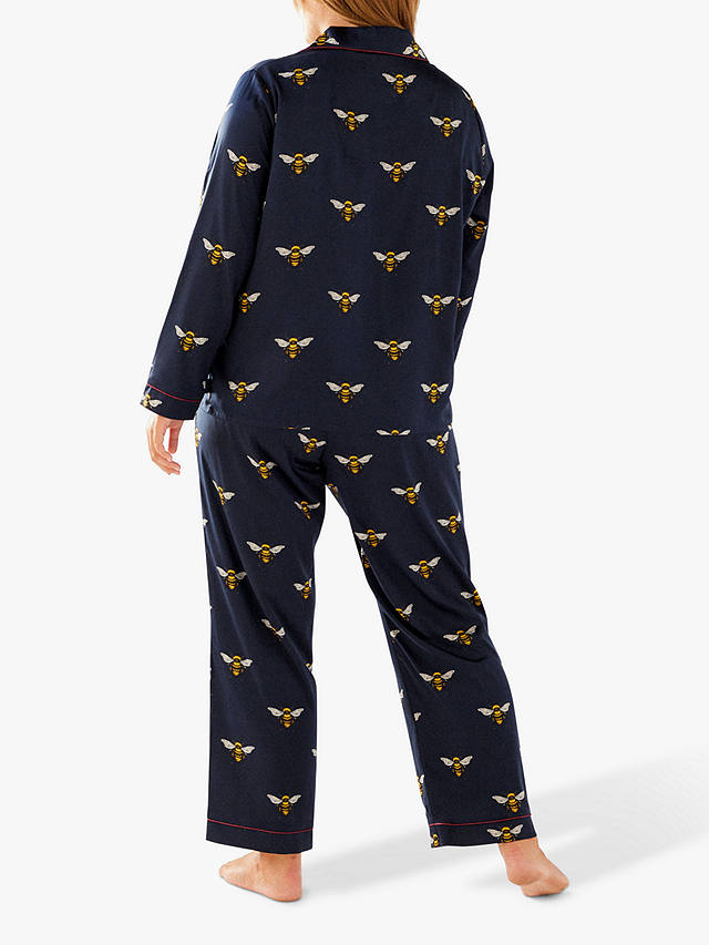 Chelsea Peers Curve Bee Satin Shirt Pyjama Set, Navy