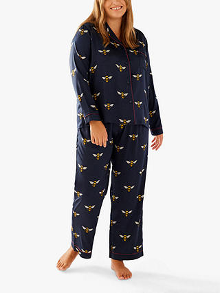 Chelsea Peers Curve Bee Satin Shirt Pyjama Set, Navy