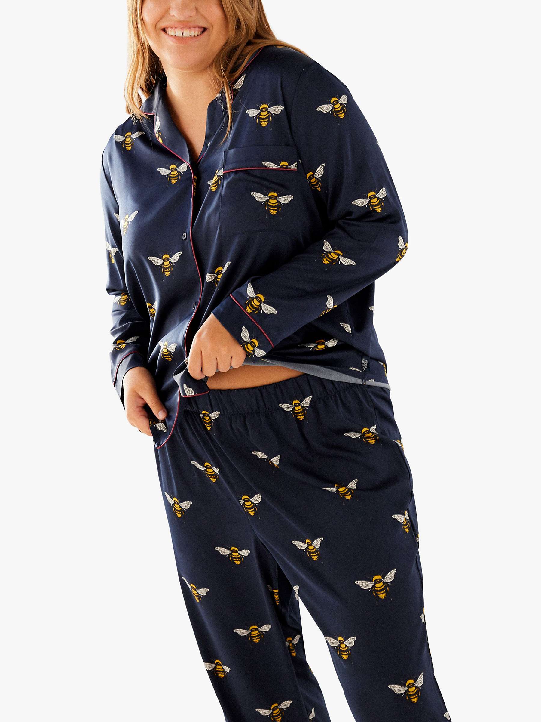 Buy Chelsea Peers Curve Bee Satin Shirt Pyjama Set, Navy Online at johnlewis.com