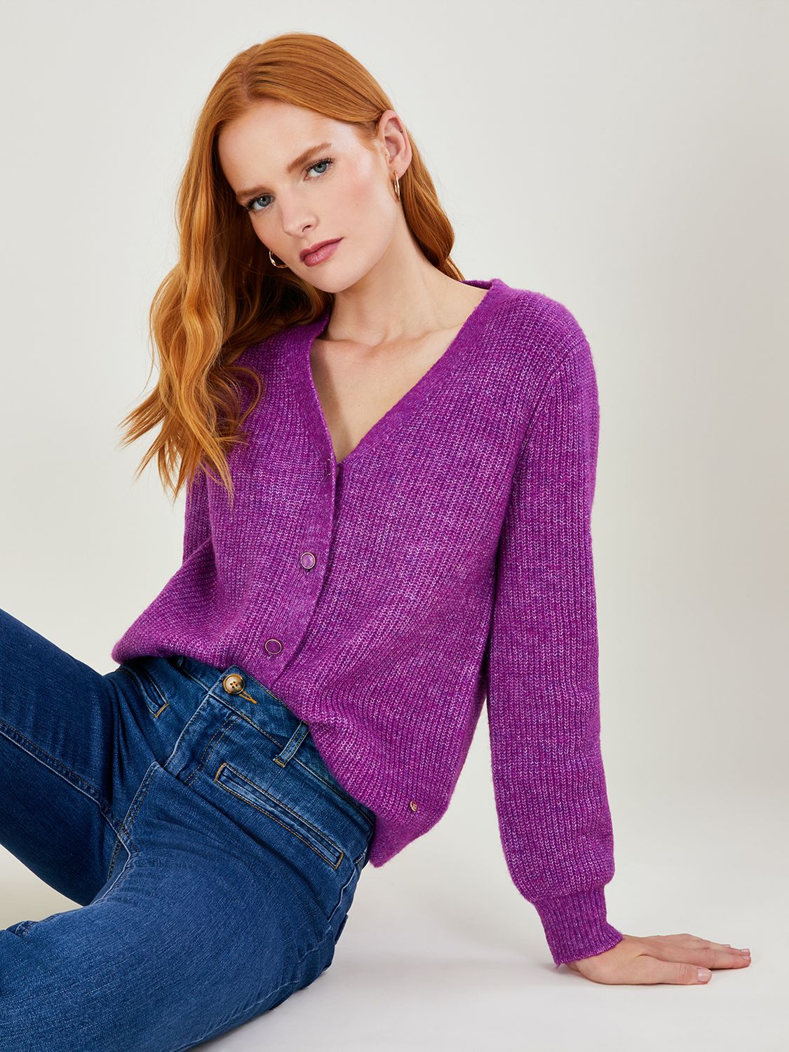 Monsoon Supersoft Ribbed Cardigan, Purple at John Lewis & Partners
