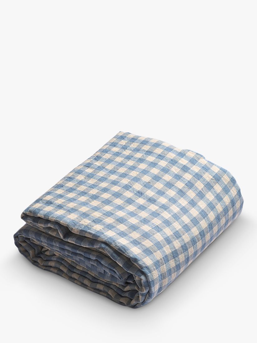 Piglet in Bed Gingham Linen Single Flat Sheet, Warm Blue
