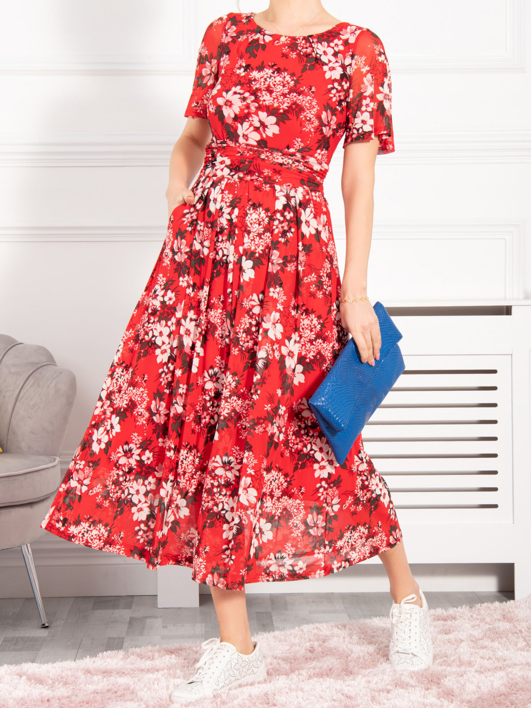 Jolie Moi Giana Floral Mesh Midi Dress, Red/Multi, 8