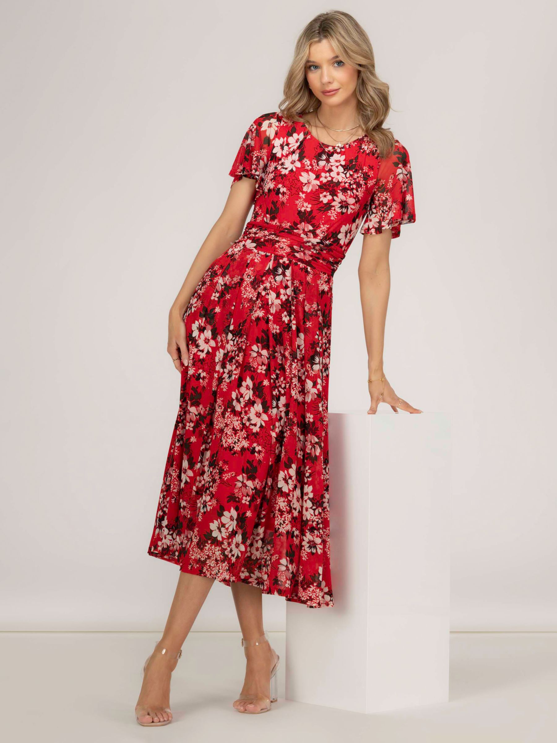 Jolie Moi Giana Floral Mesh Midi Dress, Red/Multi, 8
