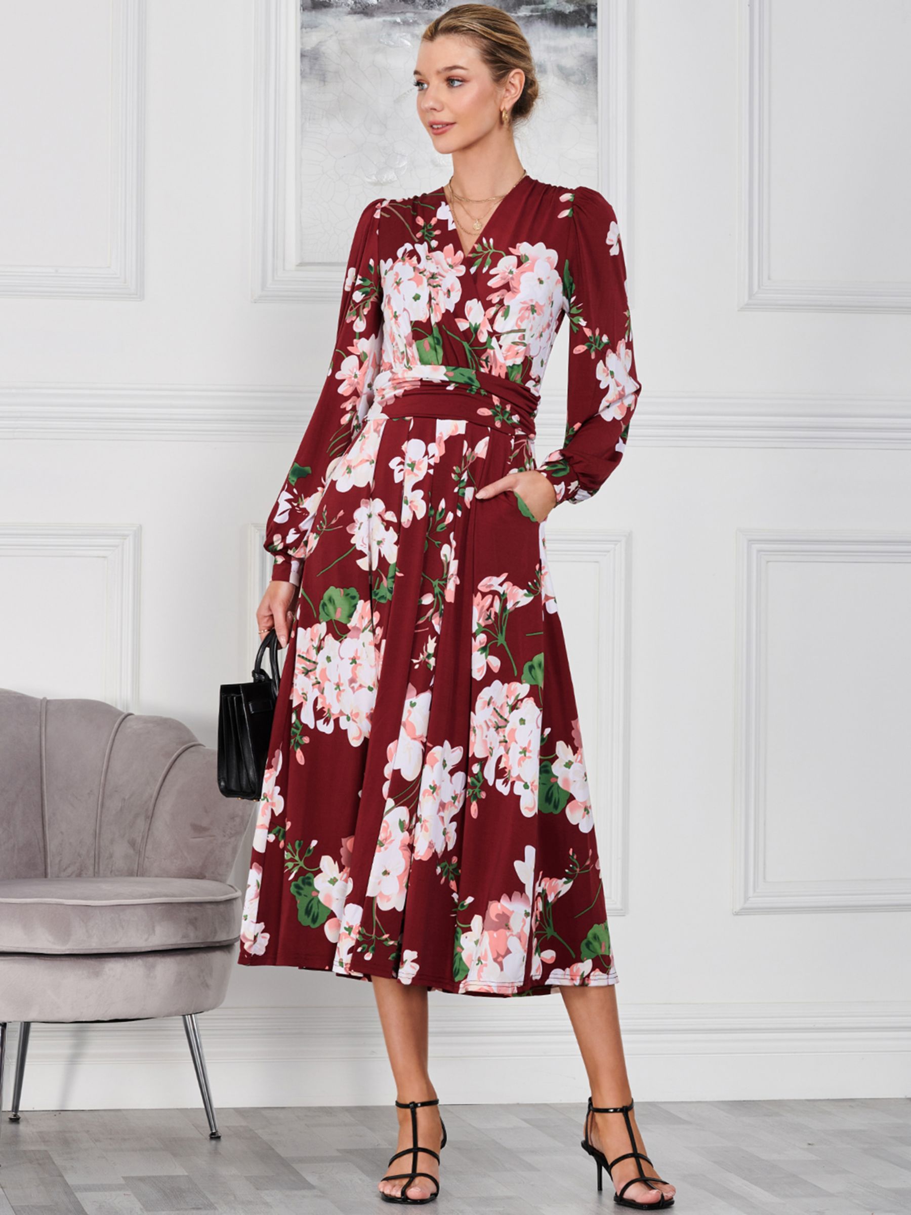 Jolie Moi Kamille Long Sleeve Maxi Floral Dress, Dark Red/Multi