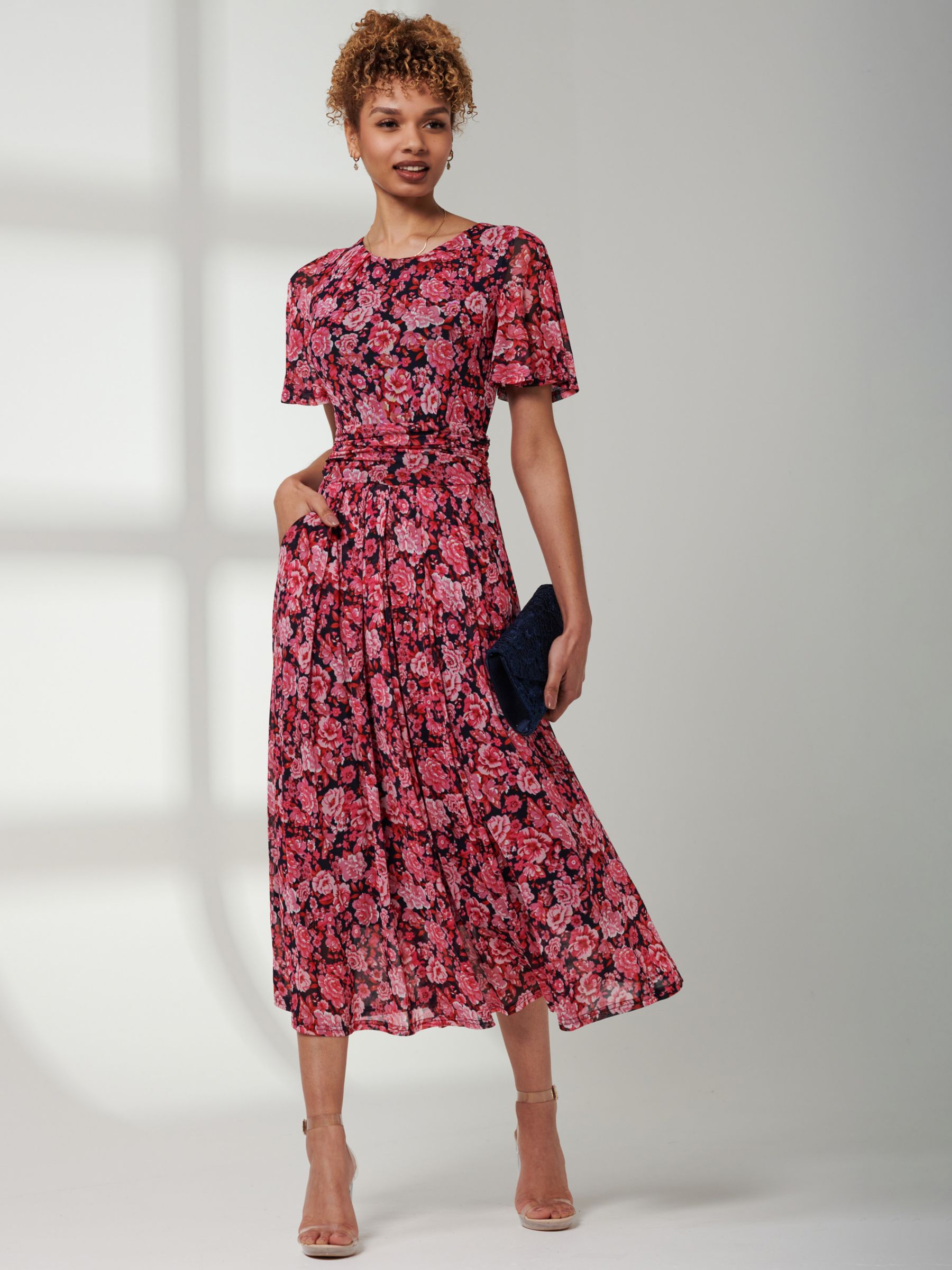 Jolie Moi Giana Floral Mesh Midi Dress, Navy/Pink at John Lewis & Partners