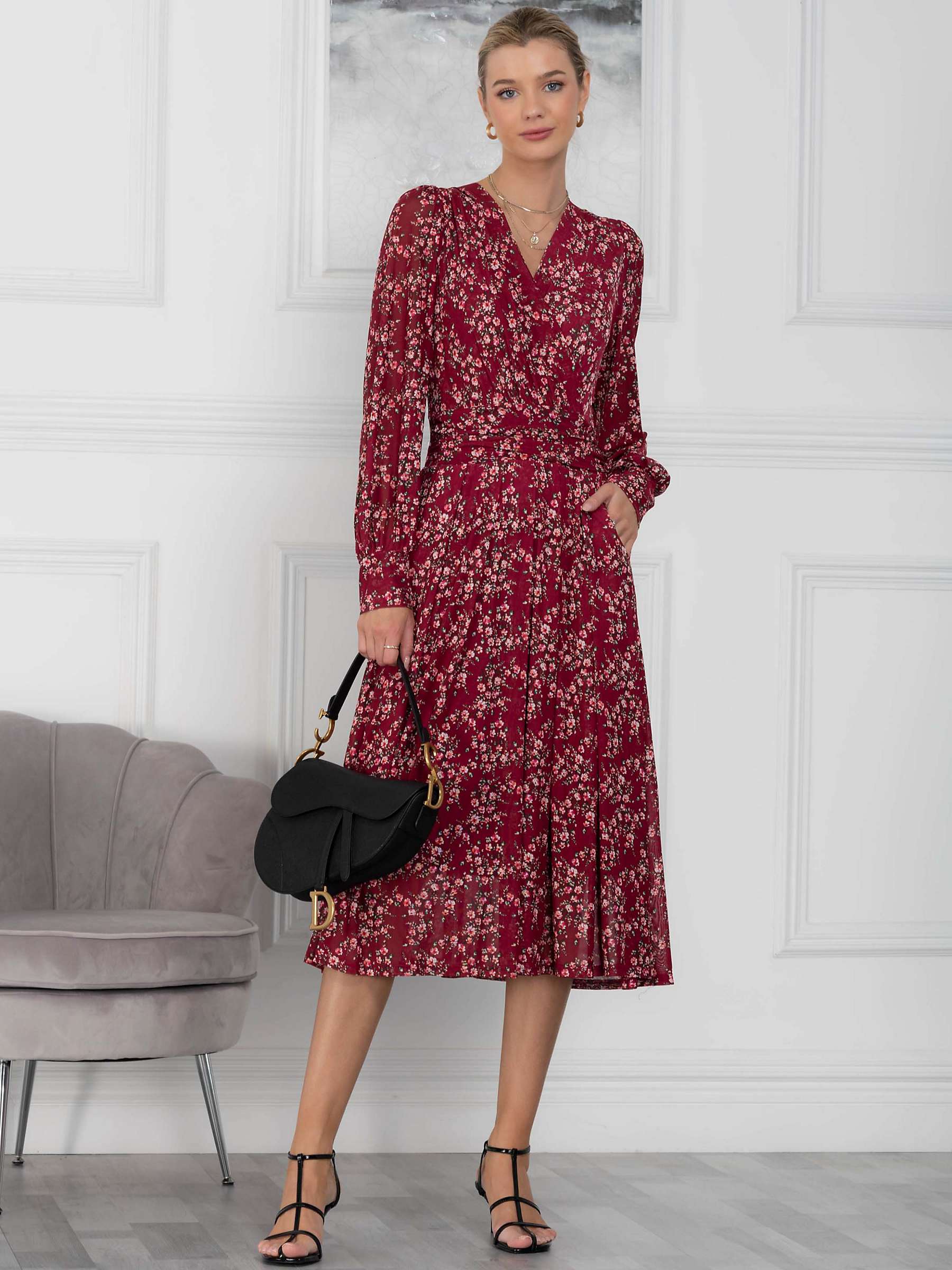 Buy Jolie Moi Vanessa Floral Print Wrap Front Midi Dress, Burgundy/Multi Online at johnlewis.com