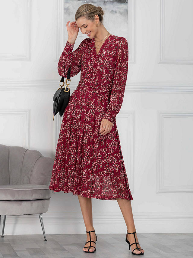 Jolie Moi Vanessa Floral Print Wrap Front Midi Dress, Burgundy/Multi