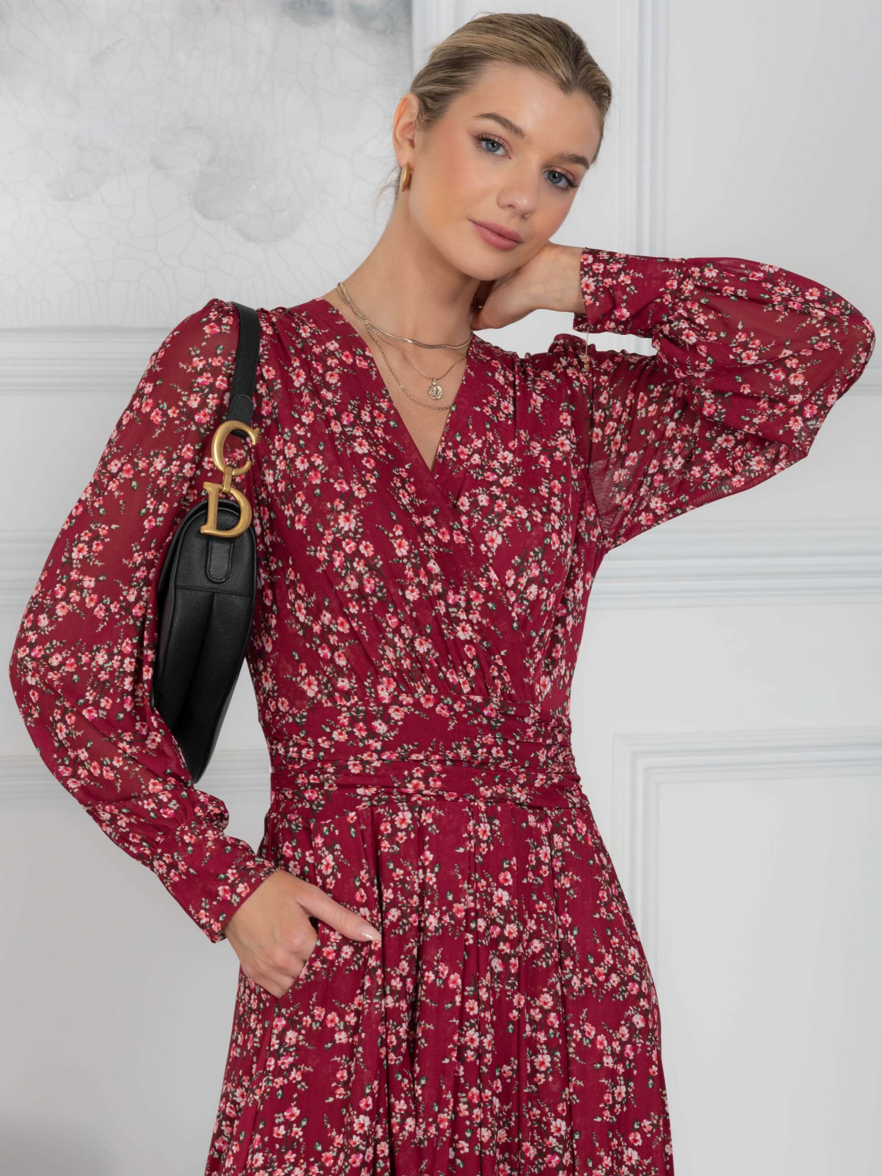 Jolie Moi Vanessa Floral Print Wrap Front Midi Dress, Burgundy/Multi at ...