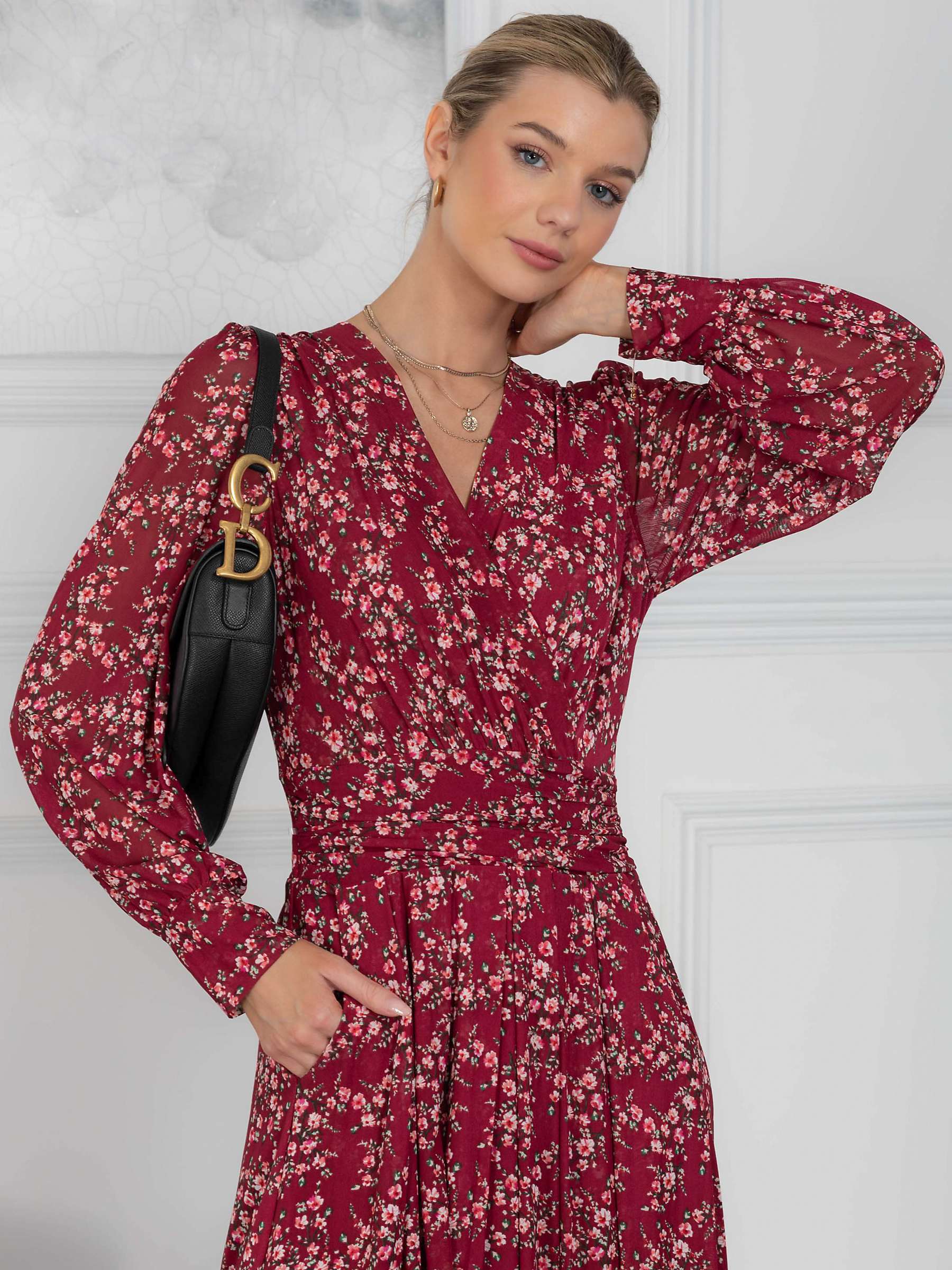 Buy Jolie Moi Vanessa Floral Print Wrap Front Midi Dress, Burgundy/Multi Online at johnlewis.com