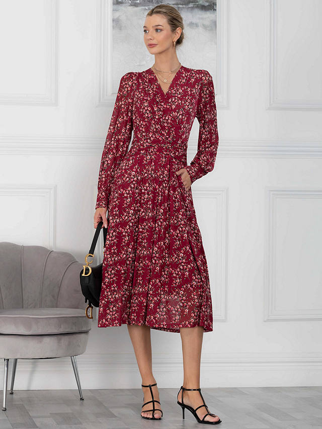 Jolie Moi Vanessa Floral Print Wrap Front Midi Dress, Burgundy/Multi