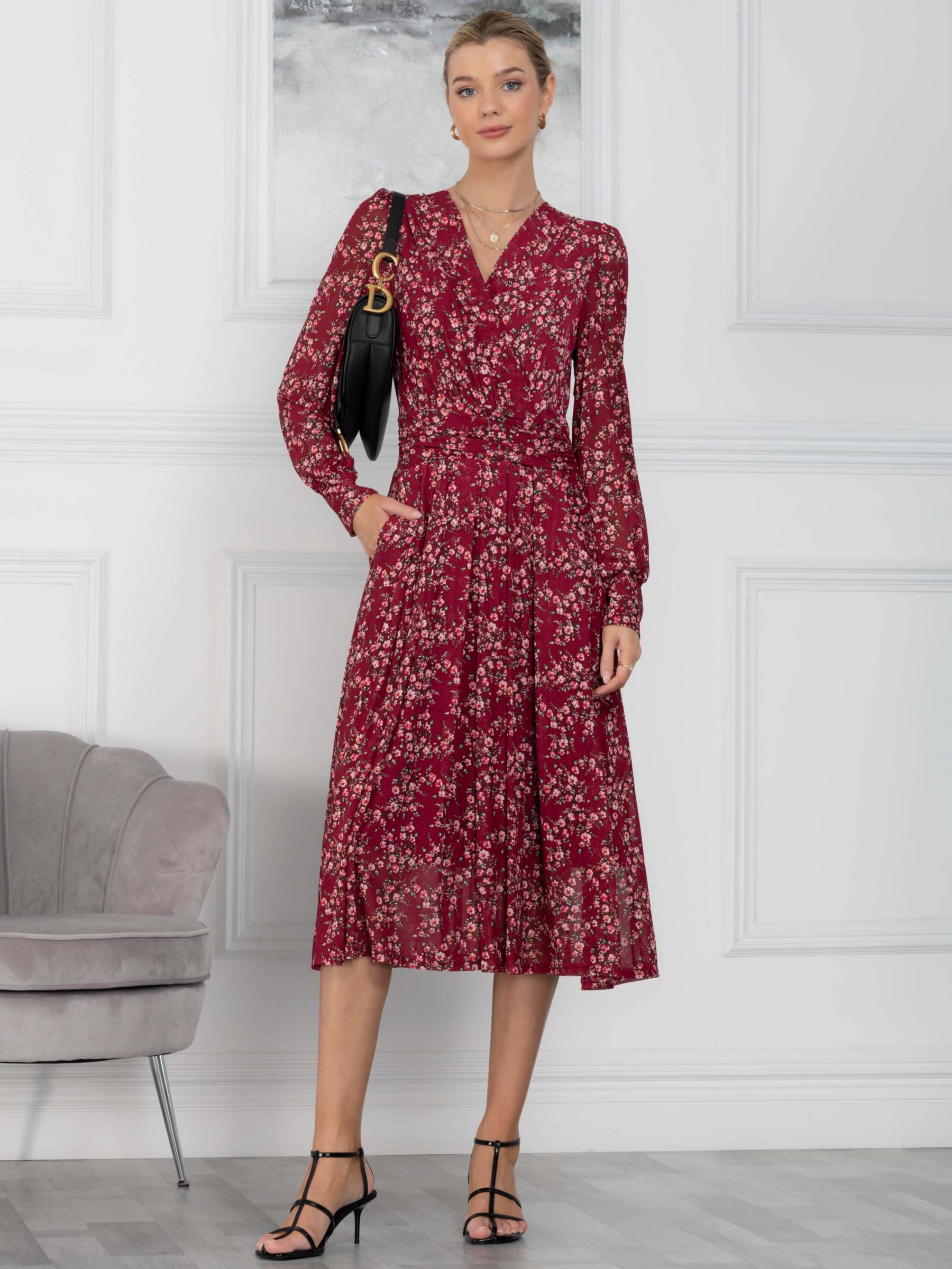 Jolie Moi Vanessa Floral Print Wrap Front Midi Dress, Burgundy/Multi at ...