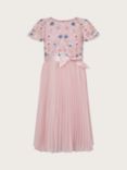 Monsoon Kids' Floral Embellished Pleated Dress, Pink
