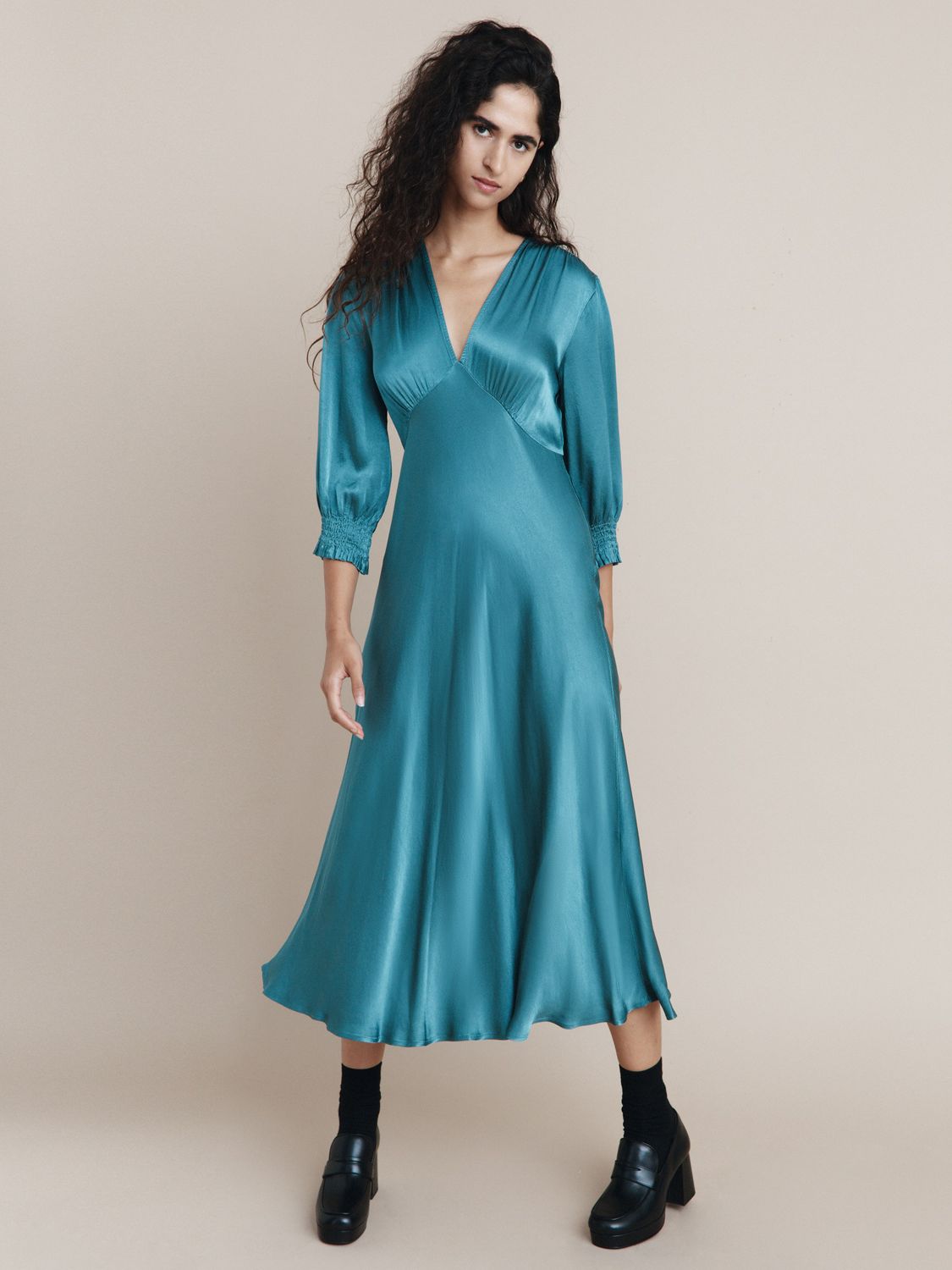 Ghost Elle Satin Midi Dress, Duck Egg at John Lewis & Partners