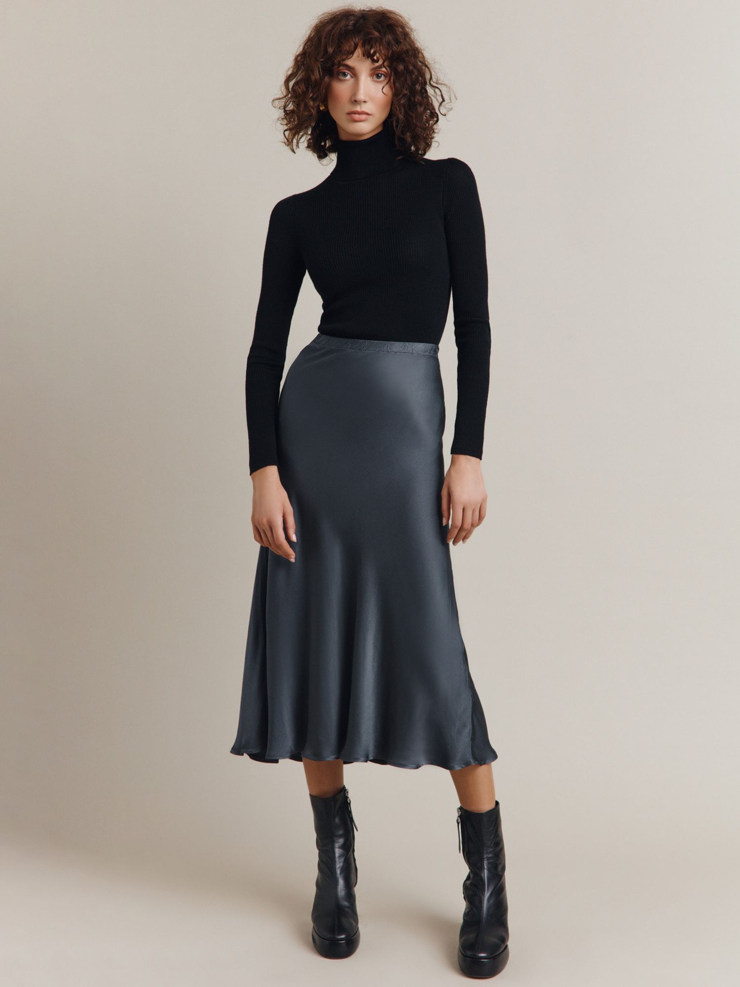 Ghost Luna Satin Midi Skirt, Charcoal at John Lewis & Partners