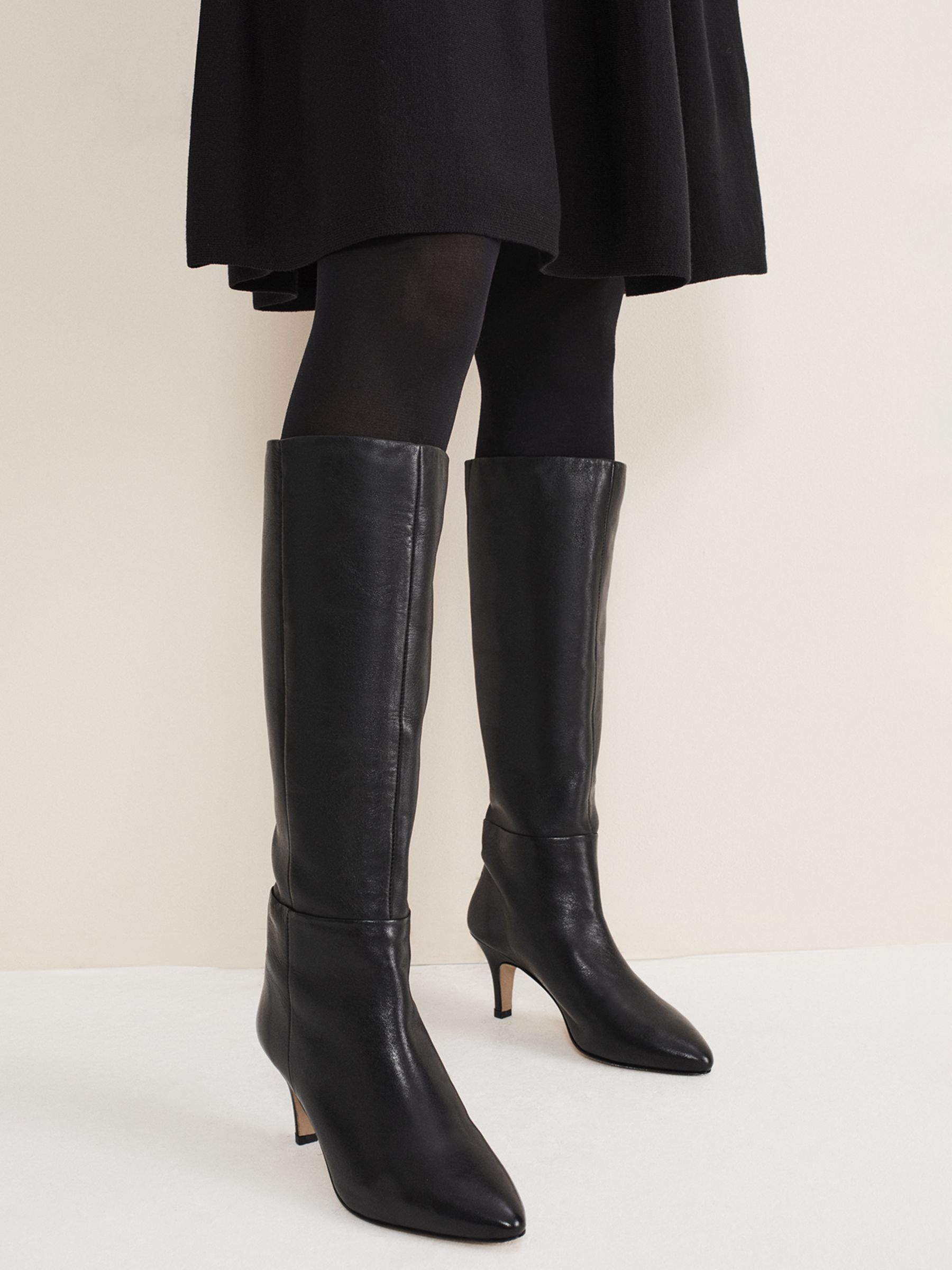 Phase Eight Pane Knee High Leather Boots, Black at John Lewis & Partners