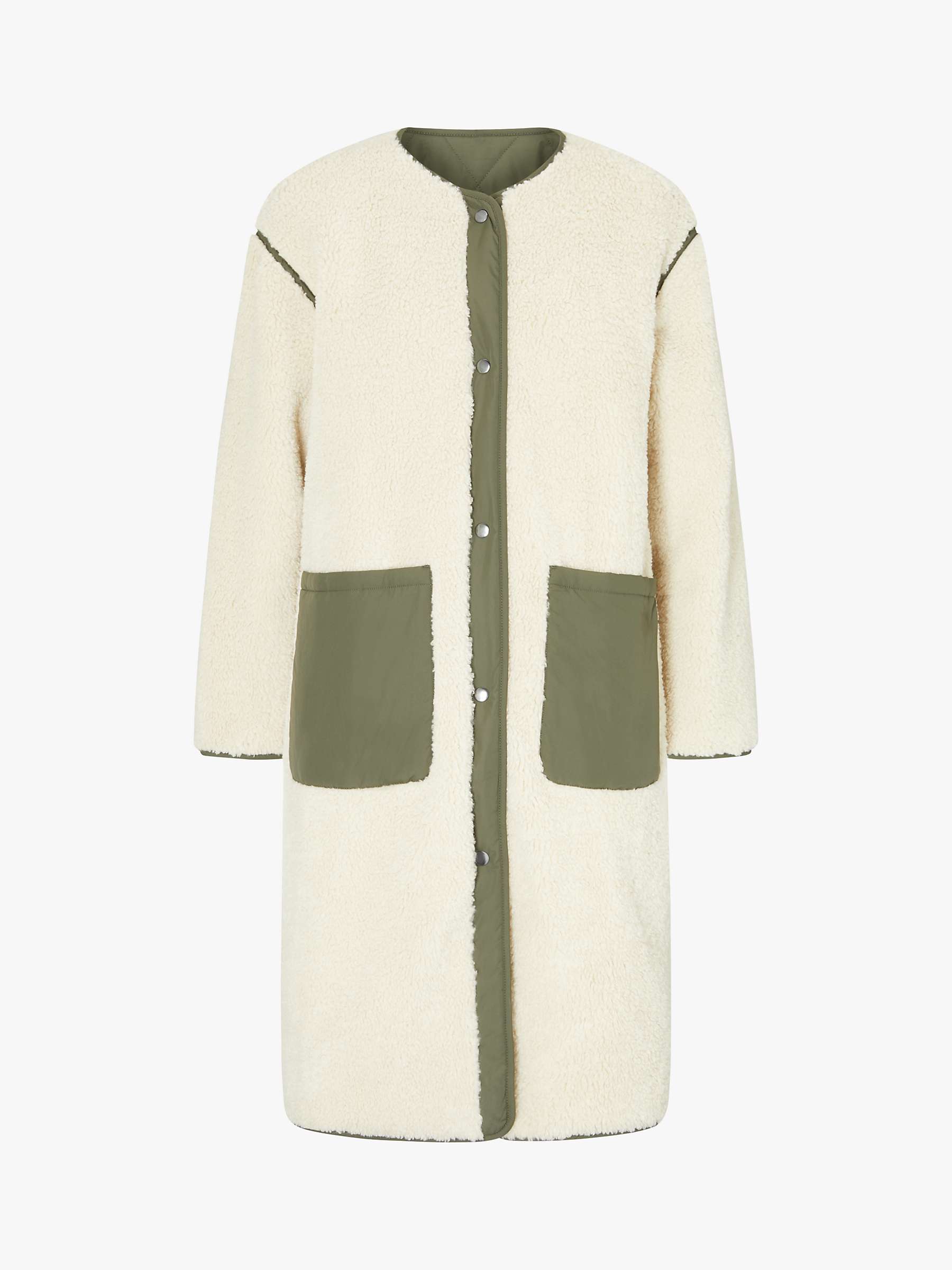 Four Seasons Reversible Collarless Borg Quilted Coat, Khaki/Cream at ...