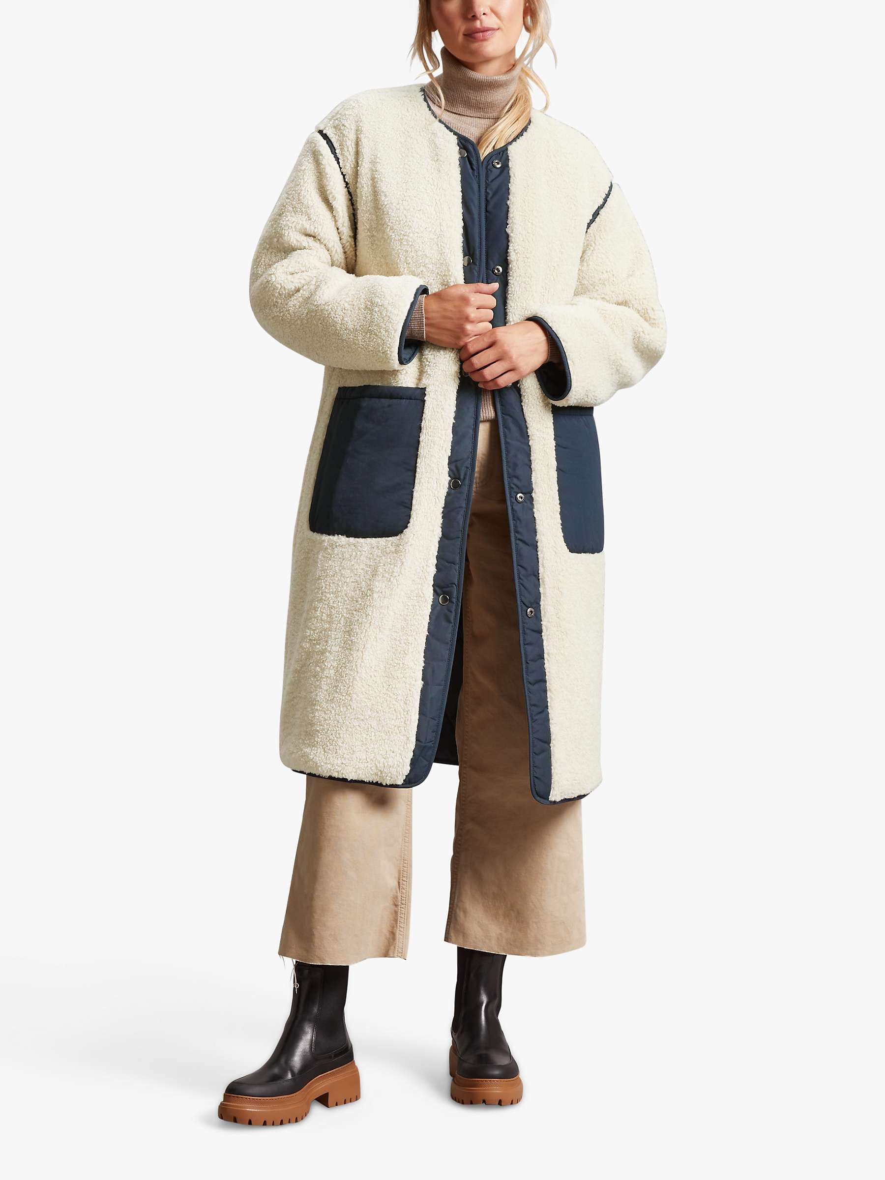 Buy Four Seasons Reversible Collarless Borg Quilted Coat, Navy Online at johnlewis.com