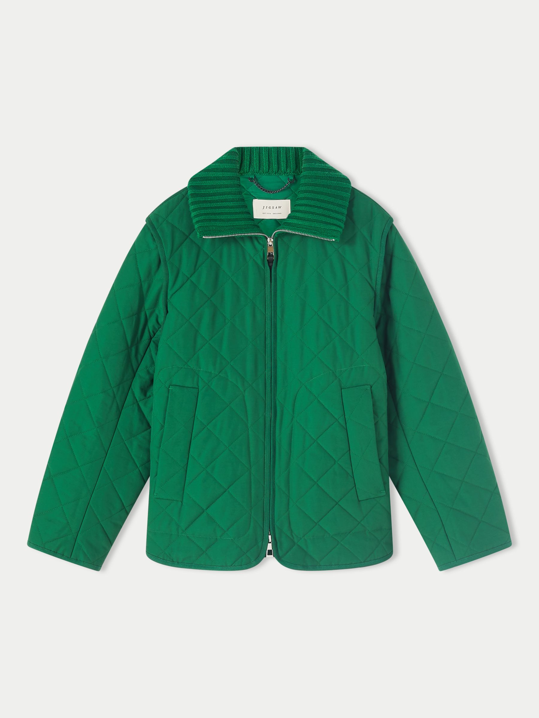 Jigsaw Knit Collar Quilted Jacket, Green at John Lewis & Partners