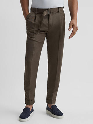 Reiss Crease Belted Tapered Linen Blend Suit Trousers