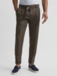Reiss Crease Belted Tapered Linen Blend Suit Trousers, Mocha